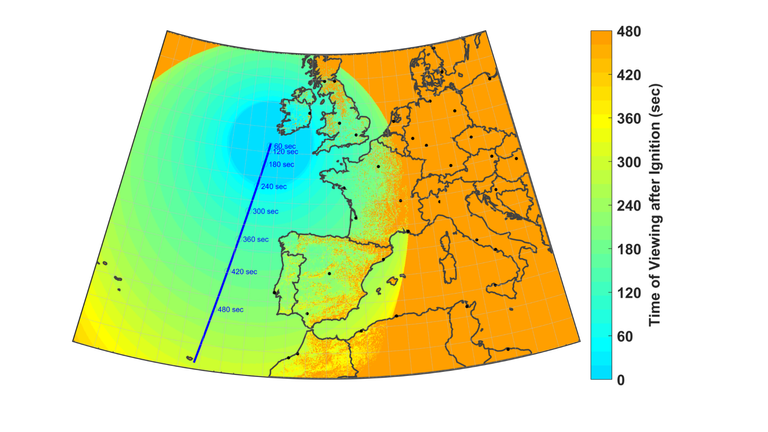 This map shows when the rocket will be visible to parts of the UK and Europe