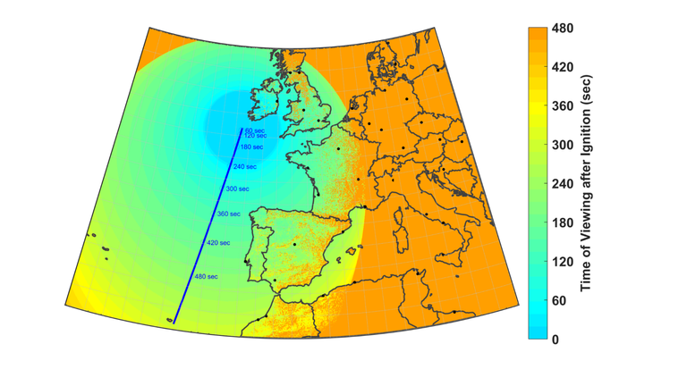 Este mapa mostra quando o foguete estará visível para partes do Reino Unido e da Europa