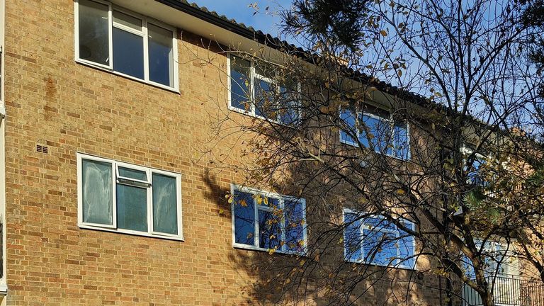 The first floor apartment in Woking, Surrey where Laura Winham was found in a "mummy and skeleton state"