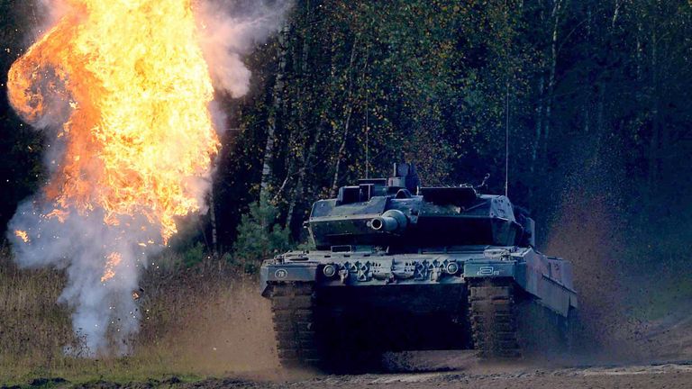FILE -- A Leopard 2A6 tank drives through the terrain during the &#39;Land Operations&#39; information training exercise in Bergen, Germany, Oct. 10, 2014
Pic:AP