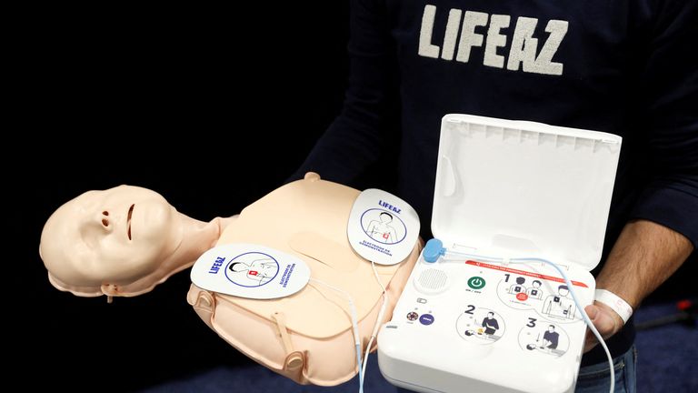 A defibrillator by Lifeaz, the first defibrillator made for the home, is displayed during the CES Unveiled press event at CES 2023, an annual consumer electronics trade show, in Las Vegas, Nevada, U.S. January 3, 2023. REUTERS/Steve Marcus
