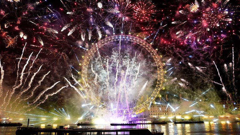 Fireworks light-up the sky over the London Eye in central London to celebrate the New Year on Sunday, Jan. 1, 2023. Pic: AP