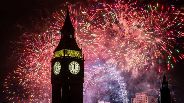 Fireworks light up the sky over the London Eye and the Elizabeth Tower (Big Ben) in central London during the New Year celebrations. Picture date: Sunday January 1, 2023.