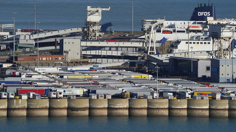 Lorries wait at the entrance to the Port of Dover, Kent, after ferry services to and from Calais were suspended due to a national strike in France. Picture date: Thursday January 19, 2023.