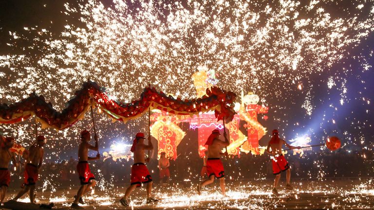China celebrates the Lunar New Year with molten iron fireworks. Pic: AP