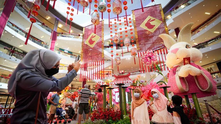 Lunar New Year decorations set up in the Mall of Kuala Lumpur.  Photo: AP