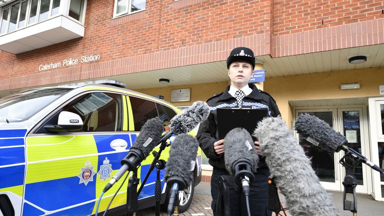 Inspector Lyndsey Whatley speaks to the media outside Caterham Police Station, Surrey, after a dog attacked members of the public at Gravelly Hill