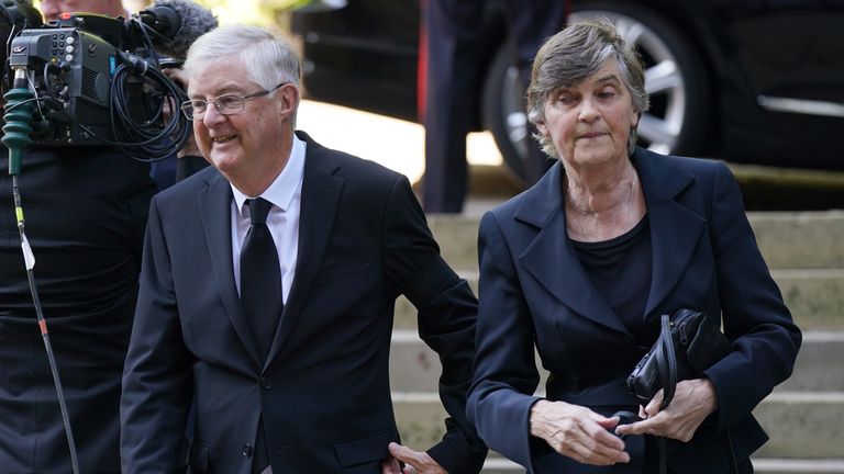 Wales&#39;s First Minister Mark Drakeford and wife Clare arriving at Llandaff Cathedral in Cardiff, for a Service of Prayer and Reflection for the life of Queen Elizabeth II. Picture date: Friday September 16, 2022.
