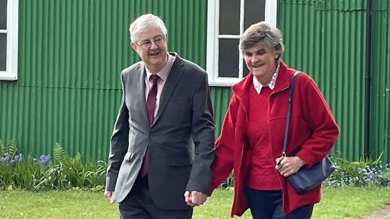 Wales&#39;s First Minister Mark Drakeford and wife Clare after voting at St Catherine&#39;s Hall, Pontcanna, Cardiff in the local government elections. Picture date: Thursday May 5, 2022.