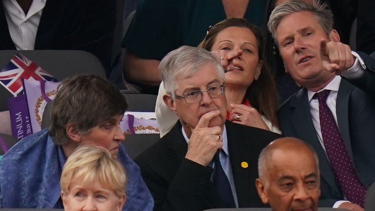 Wales&#39;s First Minister Mark Drakeford and wife Clare, Labour leader Keir Starmer and wife Victoria attend the Platinum Party at the Palace staged in front of Buckingham in 2022.