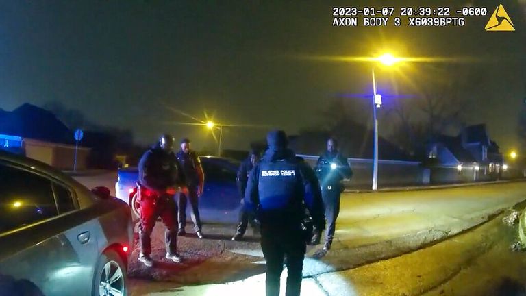 Image from video posted in January.  In Memphis, Jan. 27, 2023, police officers talk after the brutal Jan. 1 attack on Tire Nichols.  July 2023, Memphis, Tennessee. Nichols died in January.  10. The five officers have been fired and charged with second-degree murder and other crimes.  (AP City of Memphis)