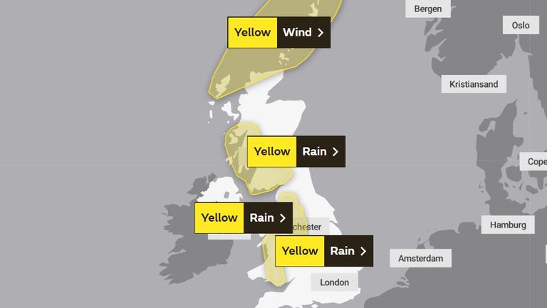 Weather warnings in place. Pic: Met Office