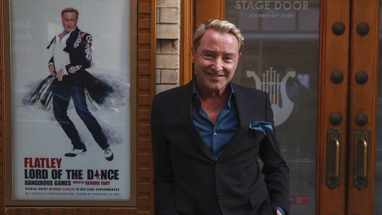 Dancer Michael Flatley poses for a portrait in front of the Lyric Theater in New York November 17, 2015. REUTERS/Lucas Jackson