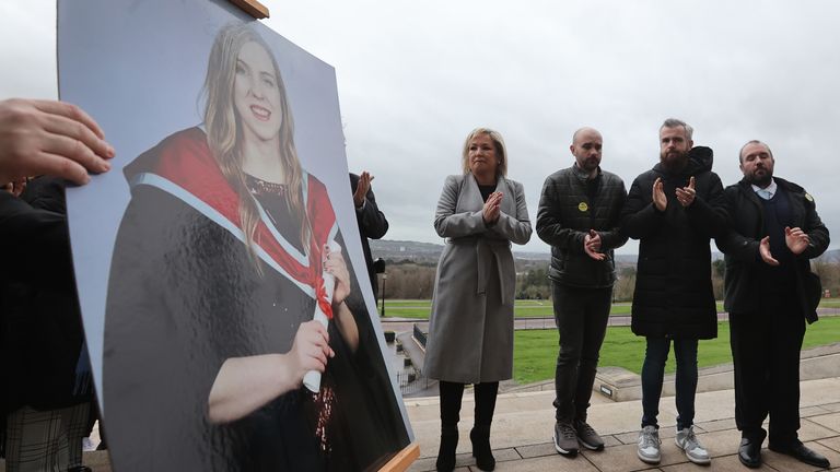 Sinn Fein vice president Michelle O&#39;Neill with Natalie McNally&#39;s brothers (left to right) Declan, Niall and Brendan during a vigil for women who have died in violent circumstances outside the Parliament Buildings, Belfast. Ms McNally 32, was fatally stabbed at her home in Lurgan in December. Picture date: Thursday January 5, 2023.

