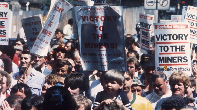 Banner Carrying crowds demonstrate in a &#39;Day of Action&#39; protest in support of striking coal miners in London, England in June 1984. (AP Photo/Peter Kemp)