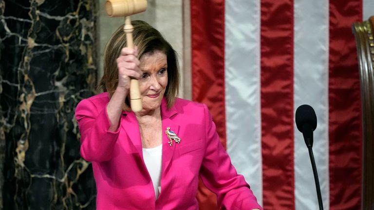 Outgoing House Speaker Nancy Pelosi holds the gavel as she calls the House to order as House begin the first session of the 118th Congress on Capitol Hill in Washington 
PIC:AP