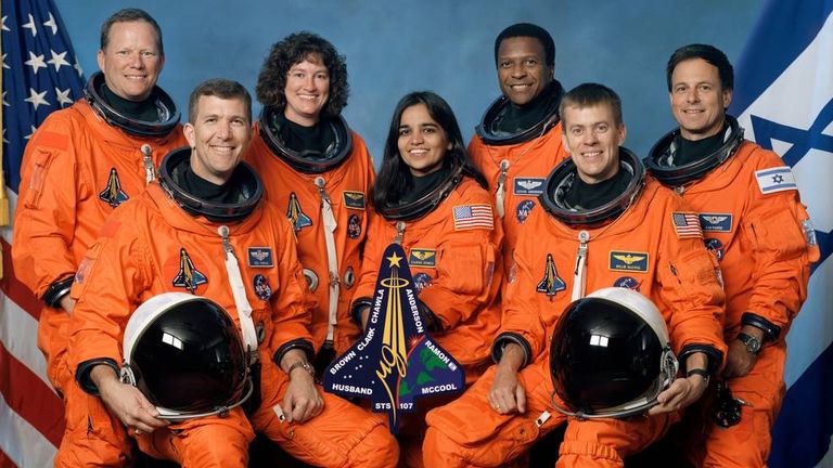 L/R: The Columbia crew - David Brown, Rick Husband, Laurel Clark, Kalpana Chawla, Michael Anderson, William McCool, Ilan Ramon