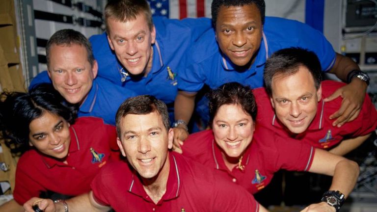 In-flight crew photo of Columbia&#39;s final flight, with Red Team members
Kalpana Chawla, left, Rick D. Husband, Laurel B. Clark,and Ilan Ramon at bottom, and
Blue Team members David M. Brown, left, William C. “Willie” McCool, and
Michael P. Anderson, at top.