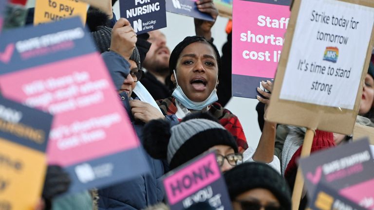 NHS nurses hold banners during a strike, amid a dispute with the government over pay, in London, Britain January 18, 2023. 