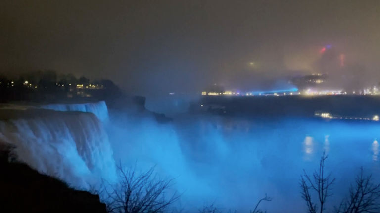Niagara Falls light up in blue for Buffalo Bills player Damar Hamlin
