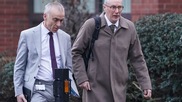 Chief Executive of Nottingham University Hospital Trust Anthony May (right) arrives at Nottingham Magistrates&#39; Court where the trust is charged with two counts of "registered person fail to provide care and treatment in safe way resulting in harm or loss", one for the death of Wynter Sophia Andrews