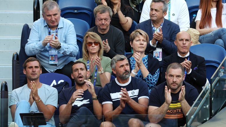 Australian Open. Melbourne, Australia.
The mother of Serbia&#39;s Novak Djokovic, Dijana Djokovic is pictured in the stands alongside his managers Elena Cappellaro and Edoardo Artaldi, his brother Marko Djokovic and his coach Goran Ivanisevic during his semi final match against Tommy Paul of the U.S. 