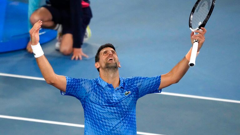 Novak Djokovic of Serbia celebrates after defeating Stefanos Tsitsipas of Greece during the men&#39;s singles final at the Australian Open tennis championship in Melbourne, Australia, Sunday, Jan. 29, 2023. (AP Photo/Mark Baker)