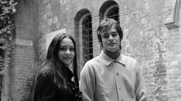 British actress Olivia Hussey and actor Leonard Whiting, who are playing the title roles in Italian Franco Zeffirelli&#39;s film “Romeo and Juliet” stand under the balcony of the Capulet family&#39;s home in Verona, northern Italy on Oct. 19, 1968, where the two famed lovers secretly met and declared their love. Miss Hussey and Whiting are in Verona where they on October 19 attended the Italian premiere of Zeffirelli&#39;s picture and took the occasion to visit various places there which have direct connect