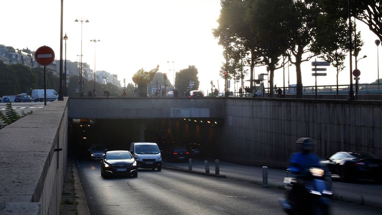 Vehicles pass through the Pont de l'Alma tunnel where Princess Diana died in a car crash 20 years ago, in Paris, Thursday, Aug. 31, 2017. Thursday marks the 20th anniversary of her death. (AP Photo/Thibault Camus)