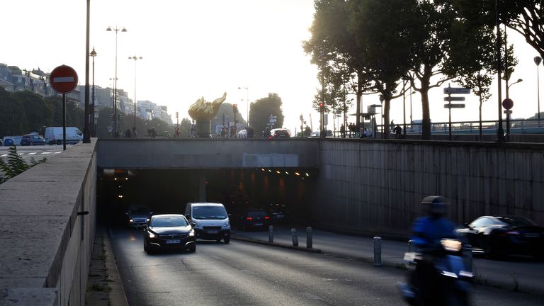 Vehicles pass through the Pont de l'Alma tunnel where Princess Diana died in a car crash 20 years ago, in Paris, Thursday, August 31, 2017. Thursday marks 20 years. her loss.  (AP Photo/Thibault Camus)