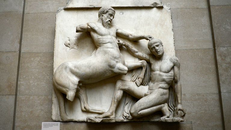 The centaur tramples a fallen lapith, part of a collection of stone objects, inscriptions and sculptures, known as the Elgin Marbles, on show at the Parthenon Marbles&#39; hall at the British Museum in London October 16, 2014. Hollywood actor George Clooney&#39;s new wife, human rights lawyer Amal Alamuddin Clooney, made an impassioned plea on for the return of the Parthenon Marbles to Athens, in what Greeks hope may inject new energy into their national campaign. REUTERS/Dylan Martinez (BRITAIN - Tags: