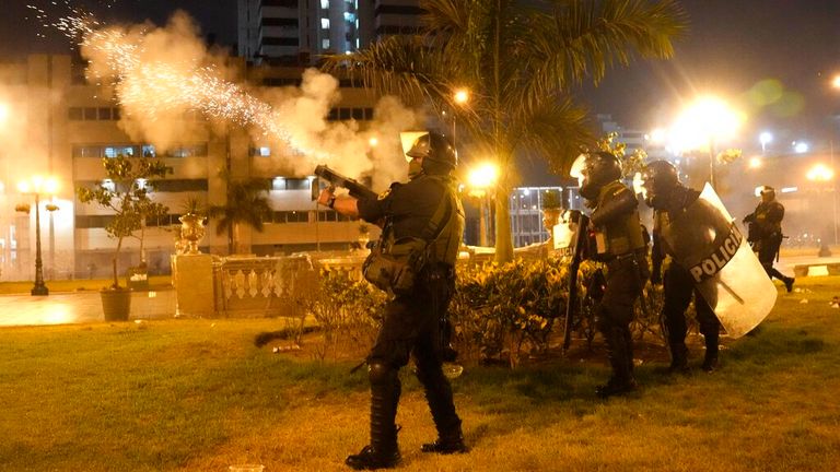 Riot police fire tear gas at anti-government protesters in Lima, Peru, Friday, Jan. 20, 2023. Protesters are seeking the resignation of President Dina Boluarte, the release from prison of ousted President Pedro Castillo and immediate elections. (AP Photo/Martin Mejia). Pic: AP