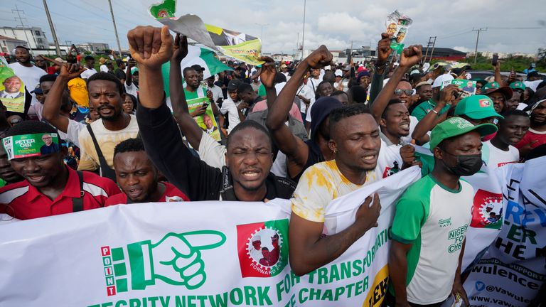 Peter Obi supporters at a rally in Lagos. Pic: AP