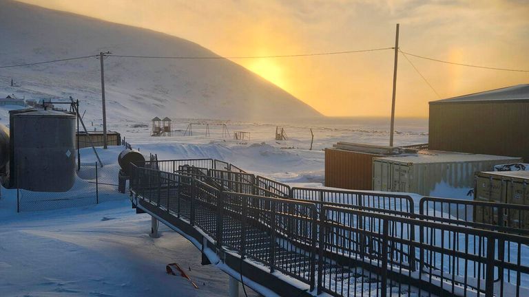 A walkway leading into the school in Wales, Alaska, where a 24-year-old woman and her son were killed in an encounter with a polar bear 