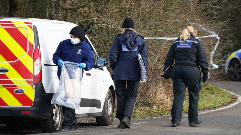Police at Gravelly Hill in Caterham, Surrey, where a dog attacked members of the public 