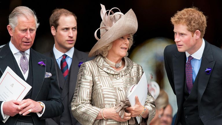 Members of the royal family (left to right) the Prince of Wales, the Duke of Cambridge, the Duchess of Cornwall and Prince Harry leave following a service of thanksgiving, at Saint Paul&#39;s Cathedral, in central London.
