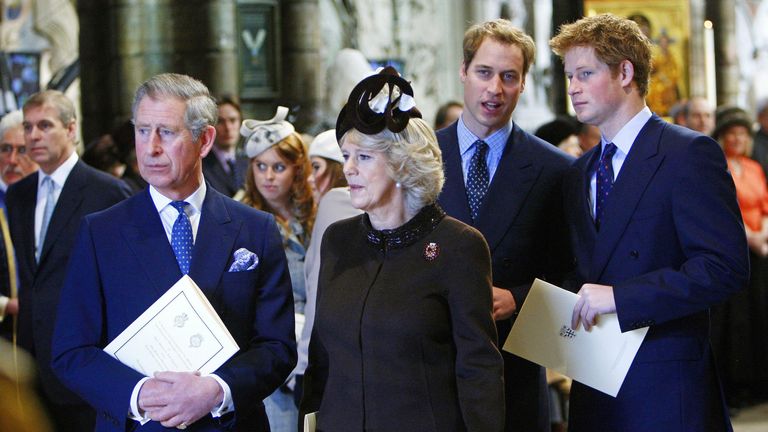 Britain&#39;s Prince of Wales (left) stands with Camilla, Duchess of Cornwall and Princes William and Harry (Right) as they leave the service of celebration to mark the diamond wedding anniversary of Queen Elizabeth II and the Duke of Edinburgh at Westminster Abbey, London.