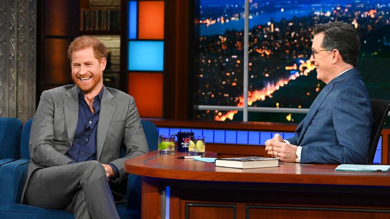 Prince Harry was interviewed by host Stephen Colbert about his new memoir Spare. Pic: CBS via AP