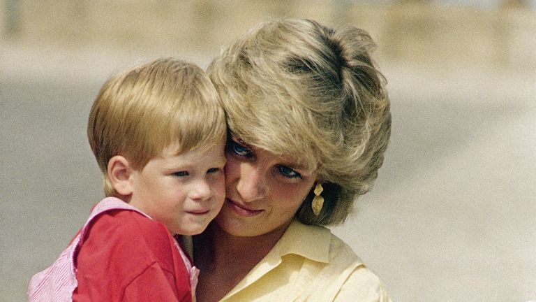 The Princess of Wales holds son Prince Harry while royal families posed for photographers at the Royal Palace, Majorca, Spain on Sunday, August 9, 1987. Prince Charles and Princess Diana with their two children William and Henry are spending a week’s vacation on the island as guests of King Juan Carlos and his family. (AP Photo/John Redman)