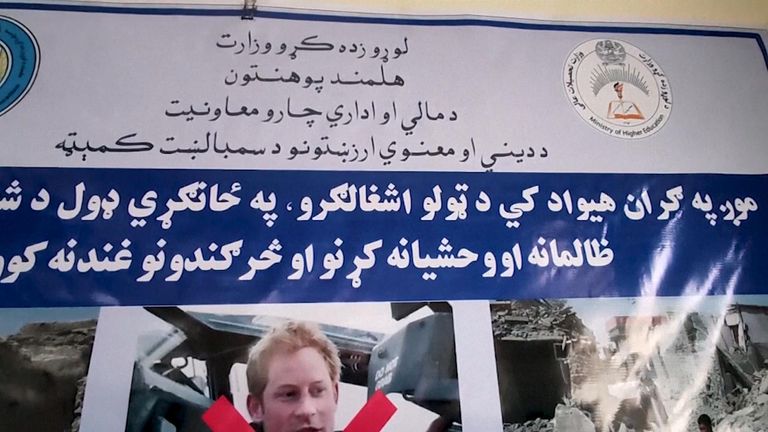 Prince Harry has sparked a protest in Afghanistan. Around 20 students staged a protest at a university in Helmand province with some arried posters showing Harry&#39;s portrait with a red "x" across it. Pic grab from APTN video feed