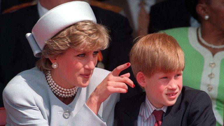 The Princess of Wales with her younger son Prince Harry during the second day of celebrations commemorating the 50th anniversary of VE day in Hyde Park, London.