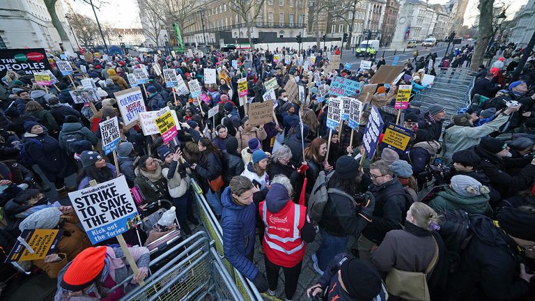 Protesters outside Downing Street, London, during the nurses strike, against the Bill on minimum service levels during strikes. Picture date: Wednesday January 18, 2023.