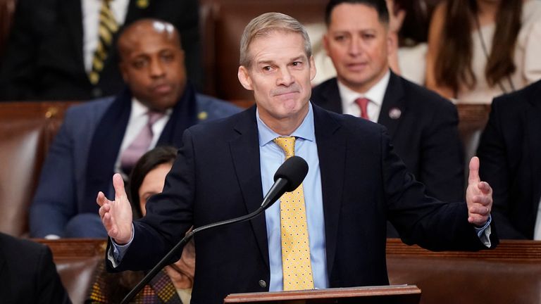 Rep. Jim Jordan, R- Ohio, speaks on behalf of Rep. Kevin McCarthy, R-Calif., for House Speaker on the opening day of the 118th Congress at the U.S. Capitol, Tuesday, Jan. 3, 2023, in Washington.(AP Photo/Alex Brandon)