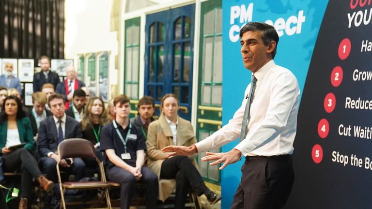 Prime Minister Rishi Sunak speaks during a Q&A session at The Platform in Morecambe, Lancashire, following a community visit to the Eden Project North. Mr Sunak has reiterated his commitment to levelling up as the Government announced £2 billion for more than 100 projects across the UK. Among the projects earmarked for funding is the Eden Project North in Morecambe, which received £50 million for the regeneration project designed to transform the Lancashire town&#39;s seafront. Picture date: Thursda