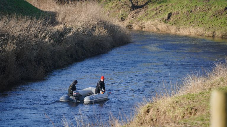 Specialist search officers drive a boat along the River Wyre where Lancashire Police are searching for missing woman Nicola Bulley, 45, who was last seen on the morning of Friday January 27, when she was spotted walking her dog on a footpath by the river in St Michael&#39;s on Wyre, Lancashire. Picture date: Monday January 30, 2023.