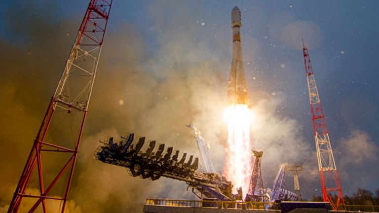 A Russian Soyuz-2.1b rocket blasts off from the Plesetsk Cosmodrome in northern Russia, with a military satellite on board. File pic by AP