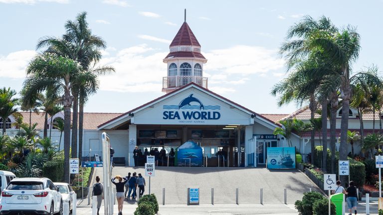 Gold Coast, Australia - July 11, 2017: entrance to Sea World amusement park at Main Beach on the Gold Coast, a popular tourist attraction.
