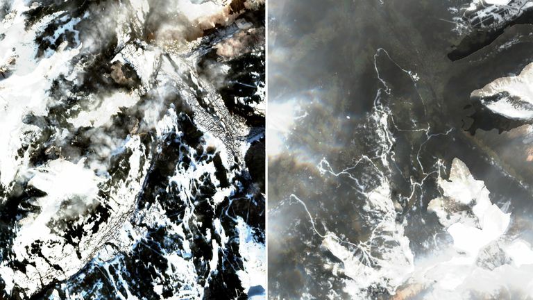 Satellite images show Morzine in the French Alps on 30 December 2021 compared with 25 December 2022.  Pic: Sentinel