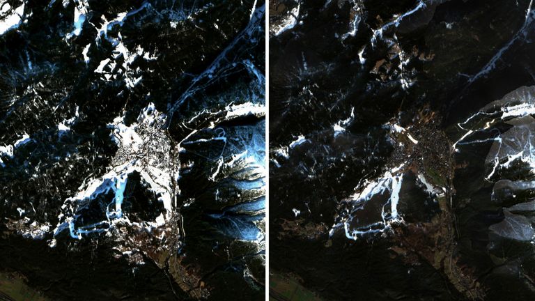 Satellite images show Leutasch in Tyrol, western Austria, on new year&#39;s day 2021 compared with 2022. Pic: Sentinel