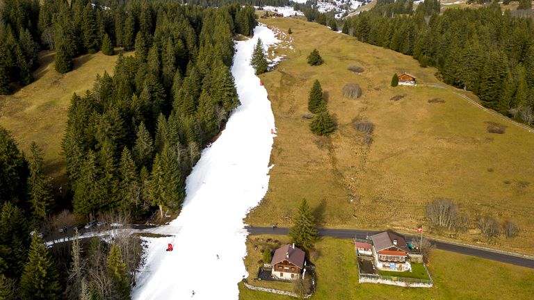 Villars-sur-Ollon in Switzerland, is using artificial snow despite being 1600m above sea level. Pic: AP
